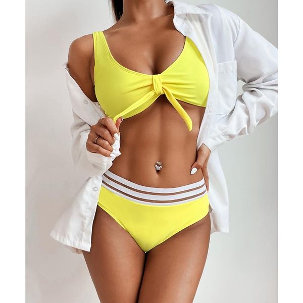 

two-piece suits miturn 2021 yellow knoted solid color high waist two pieces bikini set swimsuit female women beachwear swimwear bathing suit
