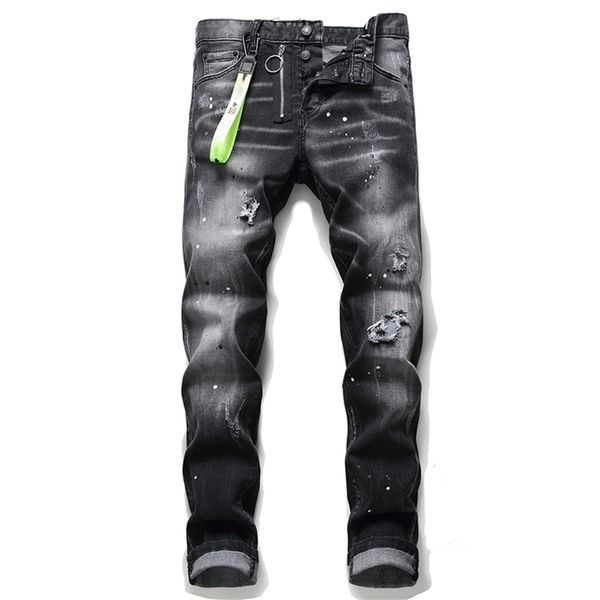Berühmte Marke European DSQ BIKER JEANS Männer Slim Jeans Hosen Herren Denim Hosen Reißverschluss Schwarz Loch Bleistift Hosen für Männer 210716