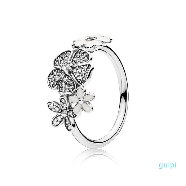 

authentic 925 sterling silver white enamel flowers ring for beautiful women wedding ring jewelry with original box, Golden;silver