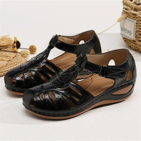 

sandals leather women wedges 2021 summer thick bottom casual shoes ladies plus size, Black