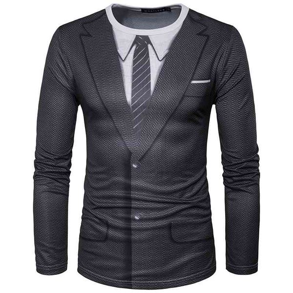 Sahte Suit 3D Baskı T Gömlek Erkekler Sonbahar O Boyun Komik Harajuku Slim Fit Erkek -shirt Hip Hop Camisetas Masculina 210629