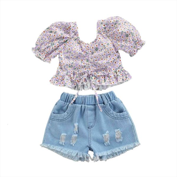 

girl short sleeve shorts suit floral lace up ruffle summer shirt denim ripped pants, White