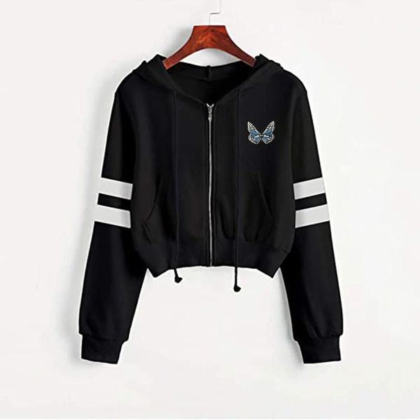 

women's hoodies & sweatshirts zip up cropped hoodie solid color long sleeve hooded butterfly print sweatshirt lovely girl vintage stre, Black