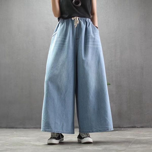 

women's jeans 2021 spring summer woman plus size denim wide leg pants solid elastic high waist casual loose pocket trousers, Blue
