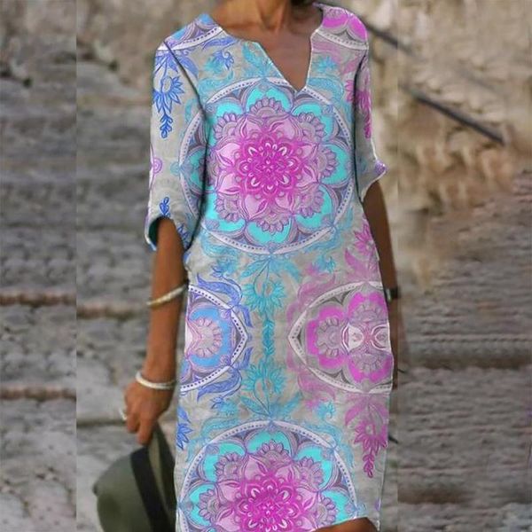 

casual dresses vintage printing women dress v-neck half sleeve a-line 2021 fashion female loose sundress beach dresses#g3, Black;gray
