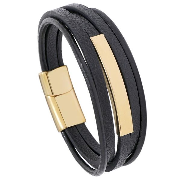 

charm bracelets 3 styles punk men bracelet layer flat black leather cuff fashion bangle stainless steel magnet buckle jewelry diy gift male, Golden;silver