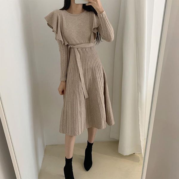 

knitted winter dress women round neck ribbed long sleeve sweater 2021 korean ruffle pleated elegant midi dresses with belt casual, Black;gray