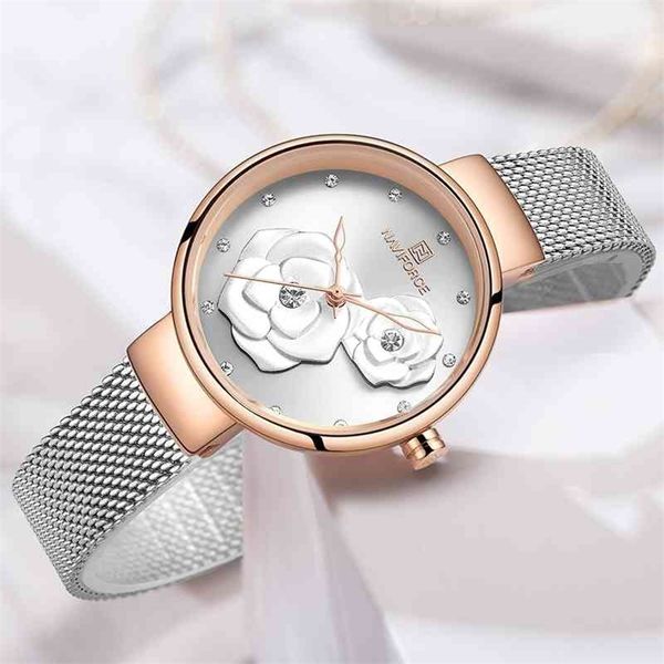 NaviForce Watchne Top Marca de luxo Mana de aço Ladies Quartz Beautiful Flor Charming Girl Clock Relogio Feminino 210616