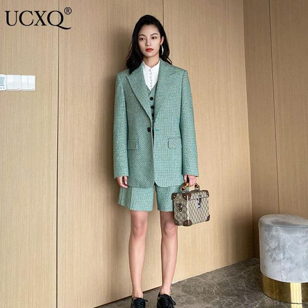 

women's tracksuits ucxq woman suit plaid notched single button long sleeve blazer jacket + high waist shorts casual style 2021 autumn 2, Gray