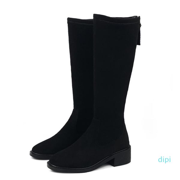 

wholesale-boots annymoli real leather knee high heel woman thick shoes zip round toe long lady autumn winter size 43, Black