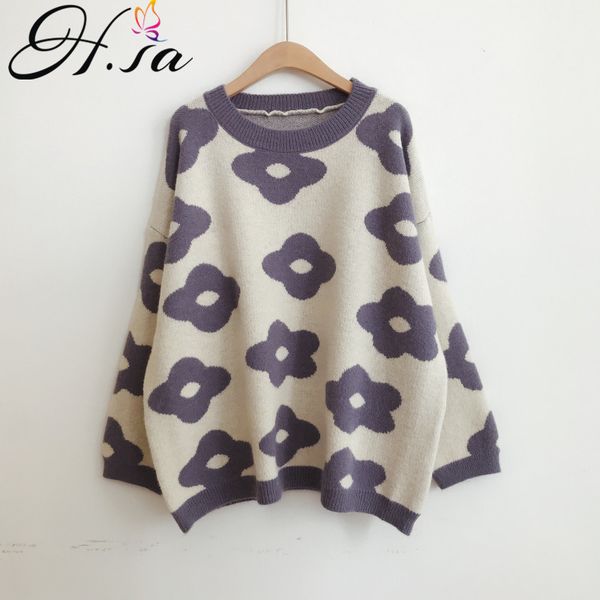

h.sa fall women sweaters oneck floral loose jumpers blue candy color korean sweater female knitwear pull 210417, White;black