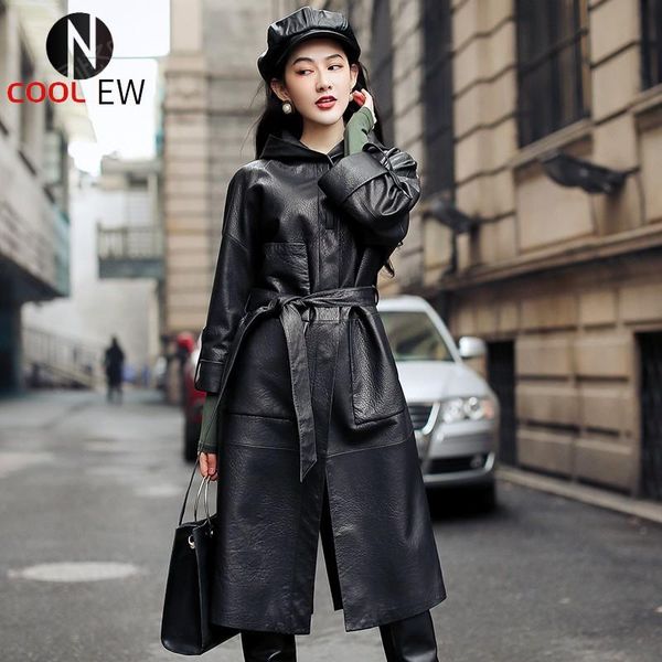 

women's leather & faux fashion women long sheepskin genuine jacket belted outwear trench coat luxury hoody windbreaker real jackets, Black