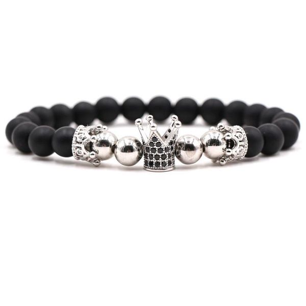 

beaded, strands fashion gift micro pave cubic zirconia hecagon and crown charm bracelet men women couple black stone beads bracelets jewelry