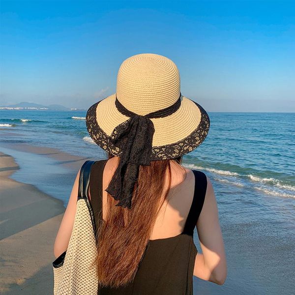 

wide brim hats women lace sun for straw beach side cap floppy female hat solid bowknot ribbon summer, Blue;gray