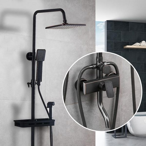 

uythner ly black bronze bathroom shower faucet set 8" abs head+abs handspray+shower baskets rack+bidet tap cold sets