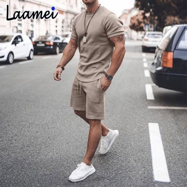 

men's tracksuits laamei 2021 summer men casual shorts sets short sleeve t shirt solid male tracksuit set mens brand clothing 2 pieces, Gray