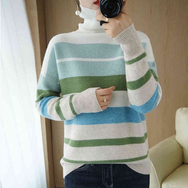 

women's sweaters female sweater for autumn and winter, turtleneck 2021 casual striped wool plus cashmere size, female blouse, 100%, White;black