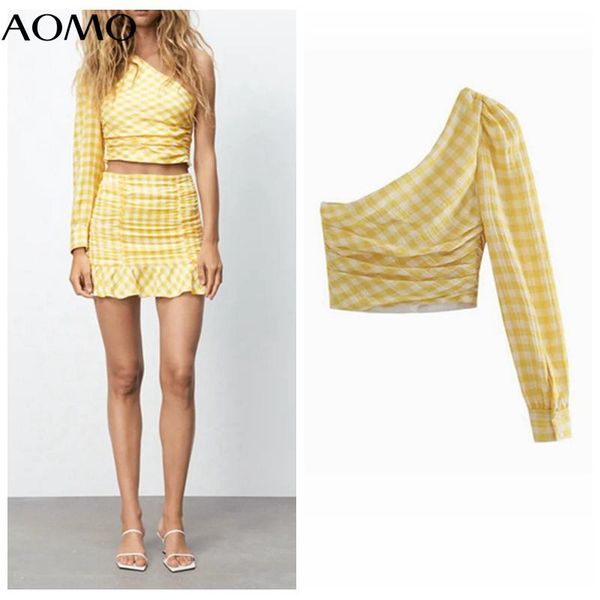

women's blouses & shirts aomo women vintage yellow plaid print shoulder off shirt long sleeve 2021 chic female 3h792a, White
