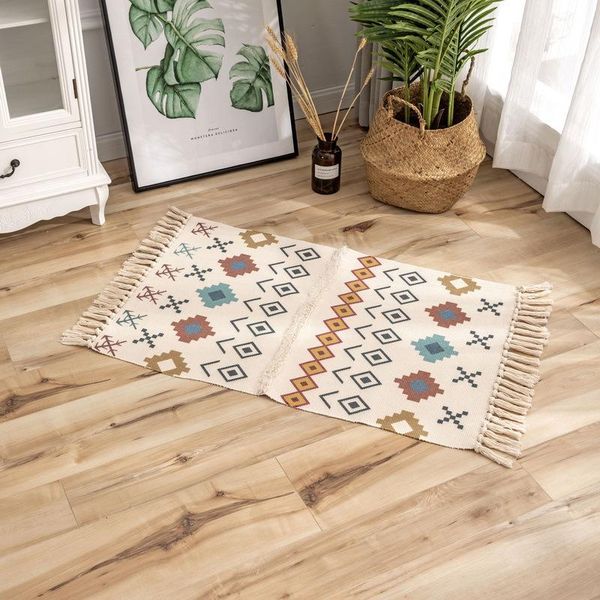 

carpets printed area rug with tassels bathroom non-slip corridor door mats nordic hand woven cotton linen bedside bedroom mat