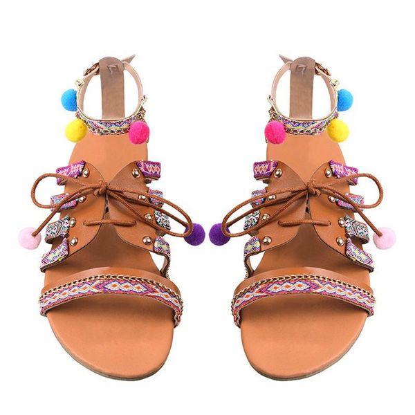 

vogue plus size 35-53 ethnic bohemian summer woman pompon sandals gladiator roman embroidered shoes women flat nice, Black