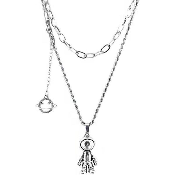 

chains astronaut necklace woman pendant multilayer man long necklaces couples fashion european trendy titanium steel punk halskette, Silver