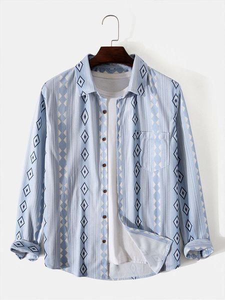 

men's casual shirts lapel diamond printed shirt autumn twill fashion button pocket long sleeve 2021, White;black