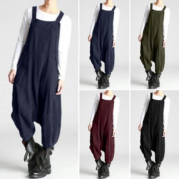 

women's jumpsuits & rompers 2021 zanzea women summer strapps drop crotch overalls casual solid suspenders femme harem pants plus size, Black;white