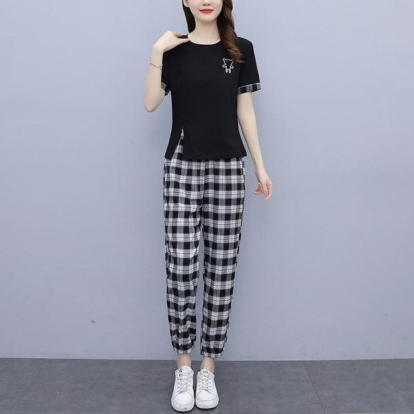 

women's two piece pants 2021 summer casual fashion women set plaid patchwork womens outfits loose plus size sets female, White