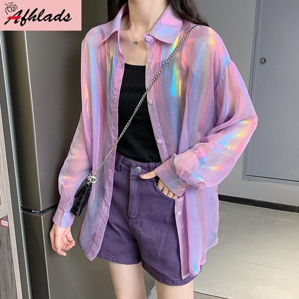 

chiffon long sleeve turn-down collar outerwear 2021 summer single-breasted rainbow color loose casual cardigan jacket women's jackets, Black;brown