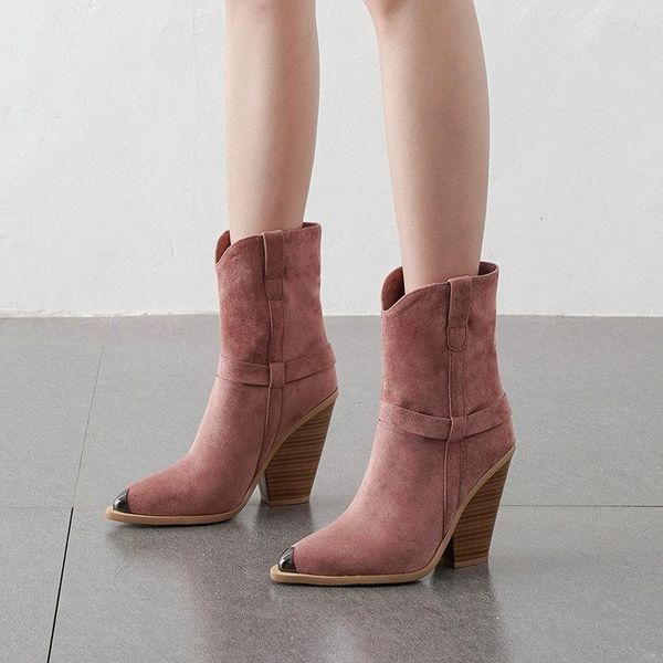 

boots fashion ankle women suede pu wedges high heel western pointed toe autumn winter female shoes black white