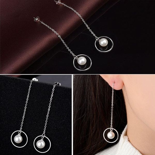 

dangle & chandelier long tassel earring for women simple geometric korean style imitation pearl cz ear line gift fashion jewelry kbe046, Silver