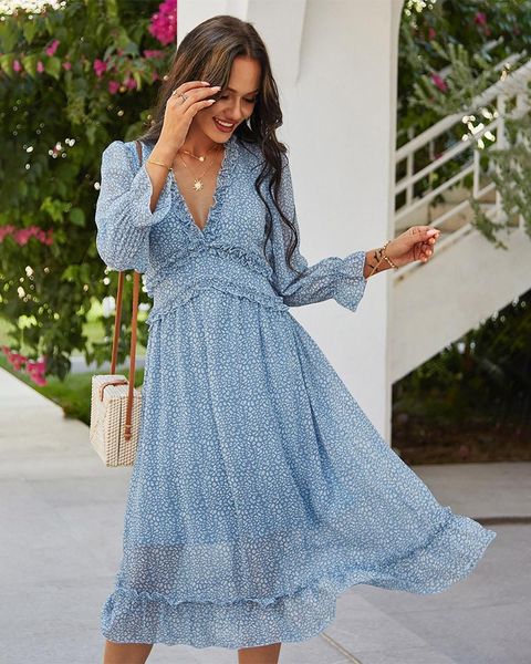 

casual dresses 2021 women's long sleeve v-neck high waist elegant retro chiffon print frill bohemian beach summer dress, Black;gray