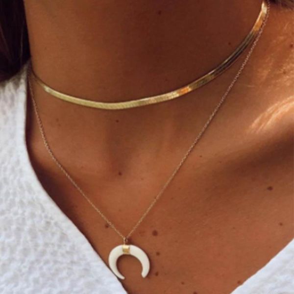 

pendant necklaces huatang bohemian crescent necklace for women gold color double layer snake chain lady party collares jewelry on the neck, Silver