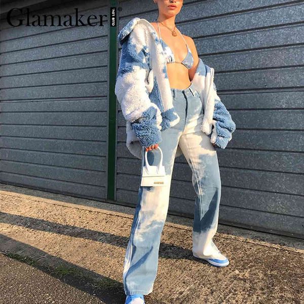 

glamaker faux fur tie-dye print warm coat furry outwear casual zipper winter autumn pocket jacket female new style cardigan new 210414, Black