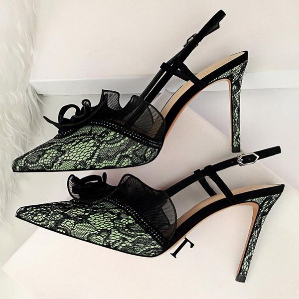 

sandals women summer 9cm high heels lace lady fetish stiletto pumps slingback mules escarpins mesh party green purple shoes, Black