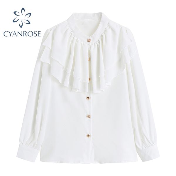 Elegante camicetta donna volant impiombato ufficio donna manica lunga lavoro retrò cardigan camicie estate femminile chiffon allentato top 210417