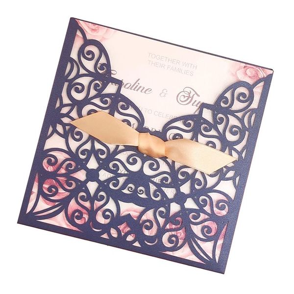 

25set blue laser cut wedding invitations party cards birthday blank print invites greeting with envelopes thanks you custom