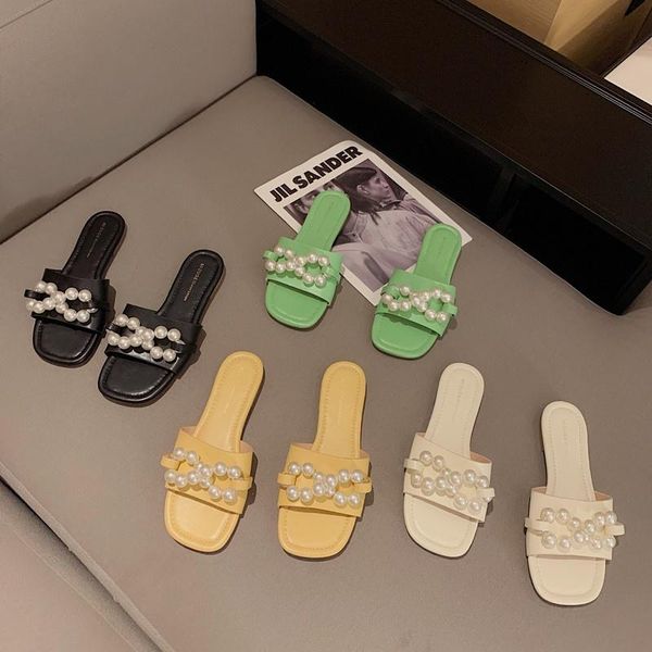 

slippers 2021 women open toe pearl chain summer beach shoes green/white/soft flip flops comfortable sandals, Black