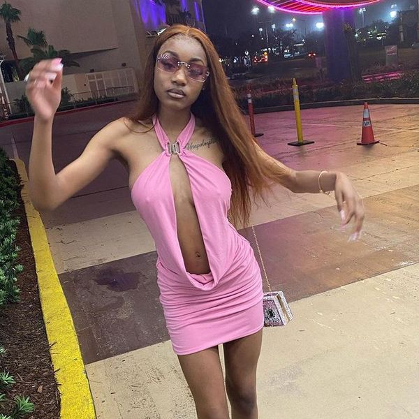 

bodycon women dress hollow out mini dresses ruched deep v neck midnight club summer halter streetwear baddie clothes casual, Black;gray