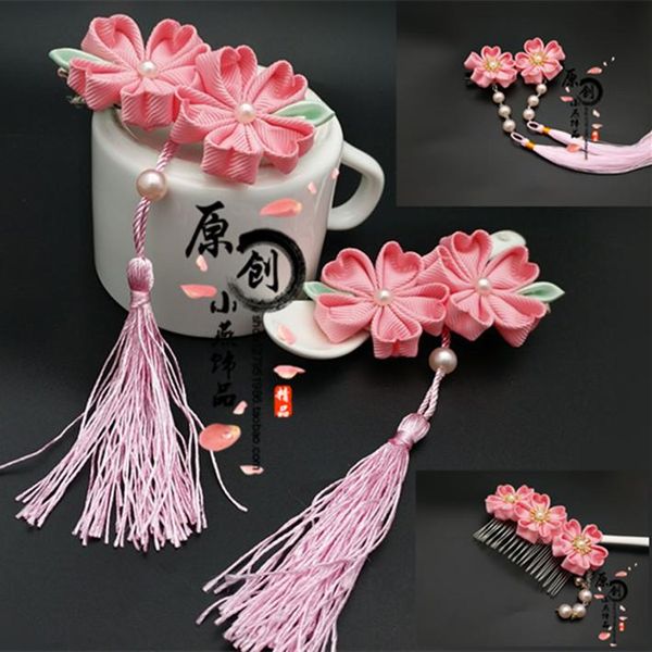 

party masks hanfu costume japanese kimono sakura tassel tuck comb hair accessories hairpin headwear ancient style pink side clip