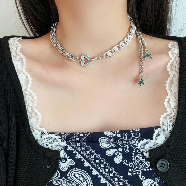 

pendant necklaces origin summer stylish love heart green star chokers necklace for women chunky chain imitation pearl asymmetric jewelry, Silver