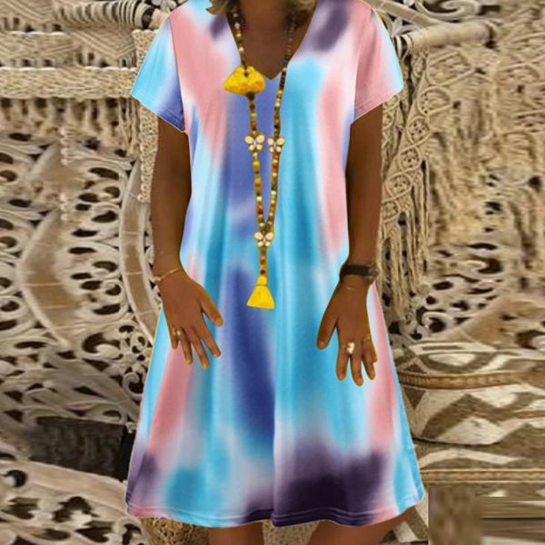

casual dresses big size dress women summer loose short sleeve v-neck tie-dye print plus clothing vestidos, Black;gray