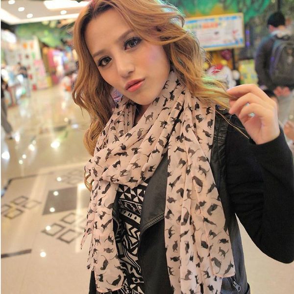 

scarves fashion women's chiffon colorful printed sweet cartoon cat kitten scarf graffiti style shawl girls christmas gift, Blue;gray