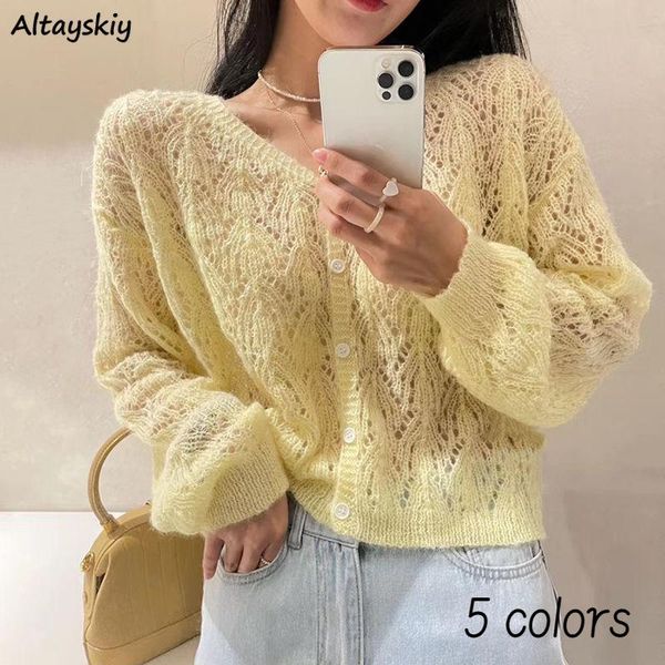 

women's knits & tees cardigan women kawaii v-neck hollow out casual solid sweater all-match single breasted fashion summer tender loose, White
