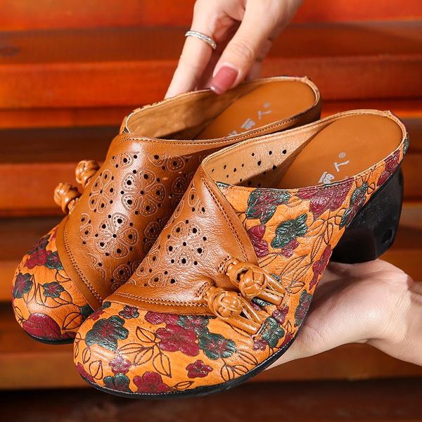 

mules women slippers leather shoes summer high heels handmade genuine beach flowers embroidery, Black