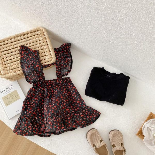 

girl's dresses kids clothes set autumn children floral corduroy sleeve strap dress + base shirt 2-piece suit princess for girls, Red;yellow