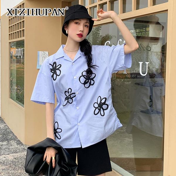 

women's blouses & shirts xizihupan casual floral print shirt for women lapel short sleeve straight loose female summer fashion clothing, White