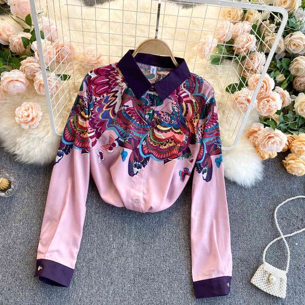 

dresses design chic print blouse women retro turndown-collar long sleeve single breasted spring casual loose pink blouses, Black;gray