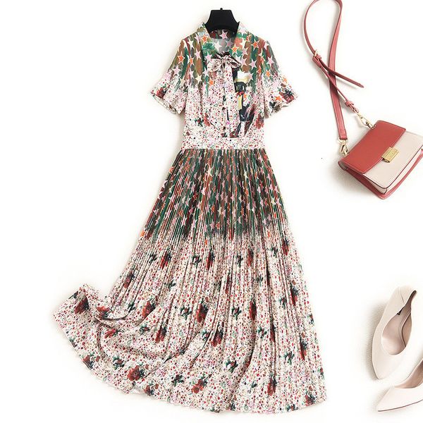 

two piece dress fashion will see women's clothes designers turn down collar sleeve short print plied vintage chiffon dress sa29, White