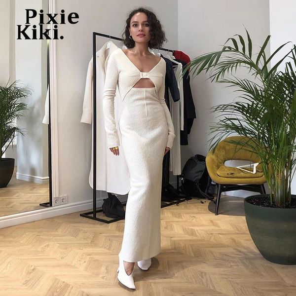 

casual dresses pixiekiki fleece hollow out v-neck long sleeve maxi for women celebrity elegant fake two piece party dress p96-cf25, Black;gray